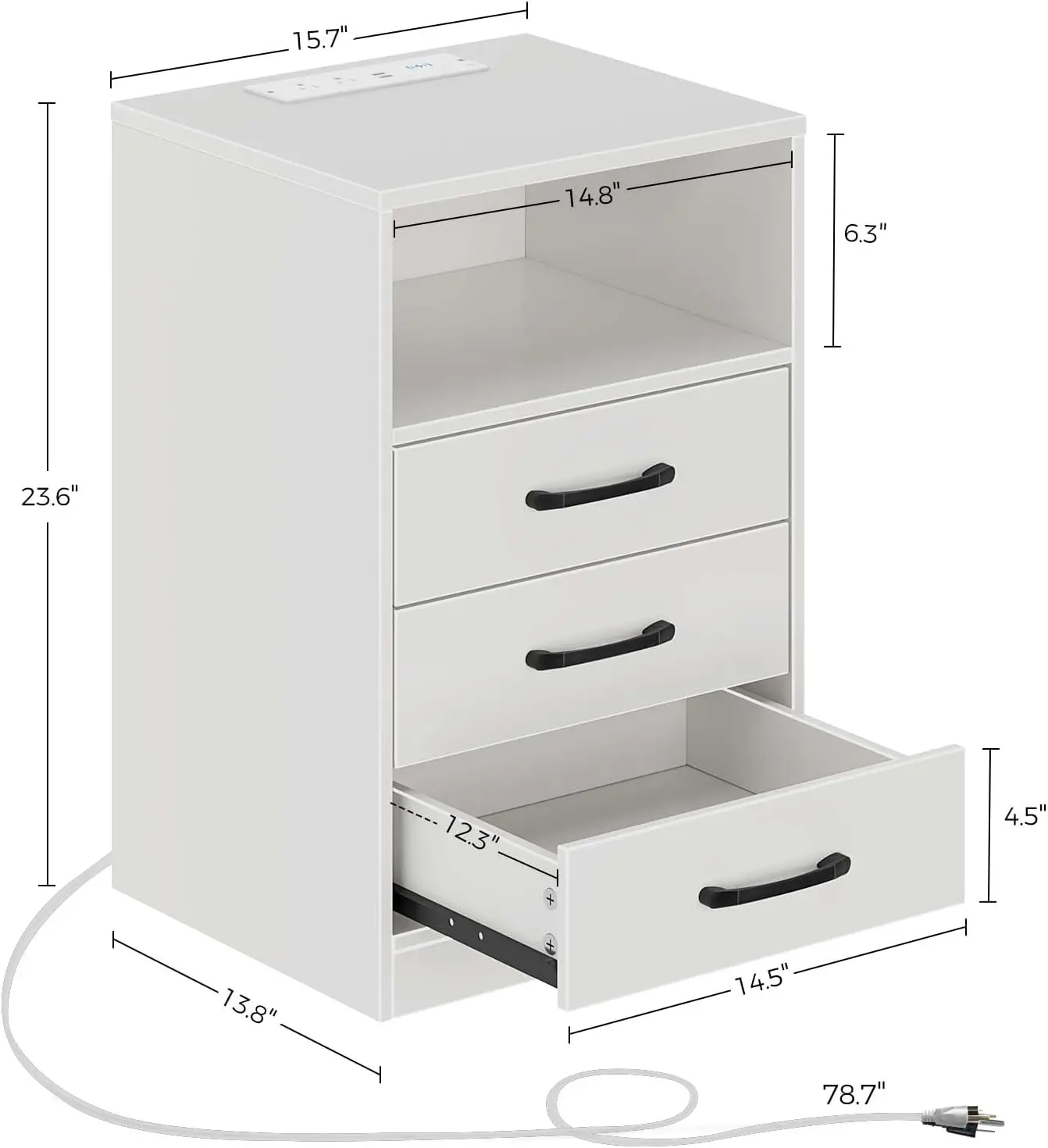 Nightstand with Wireless Charging Station and LED Lights, Modern End Side Table with 3 Drawers and Open Compartment for Bedroom,