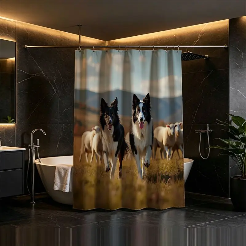 Large Waterproof Dog Print Shower Curtain Border Collie Puppy Animal Theme Bathroom Decor Pet Lover Gift Idea Natural Scene