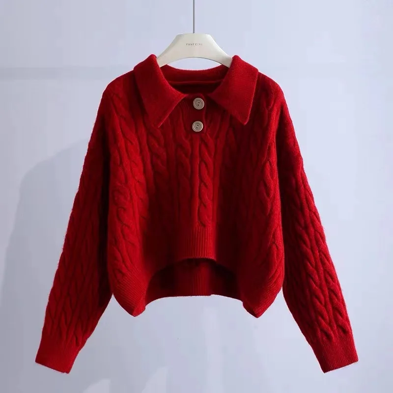 Autumn and Winter New Women's Long-sleeved Short Sweater Fashionable Polo Collar Button Pullover Knitted Sweater Knitwear