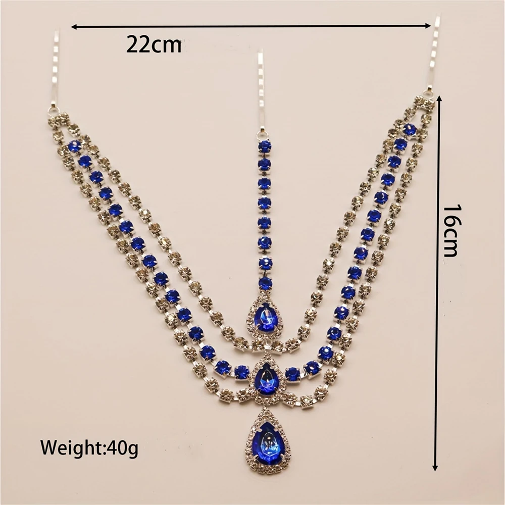 New Fashion Blue Gemstone Water Drop Pendant Hair Chain Luxury Shining Banquet Rhinestone Hair Chain Party Jewelry Accessories