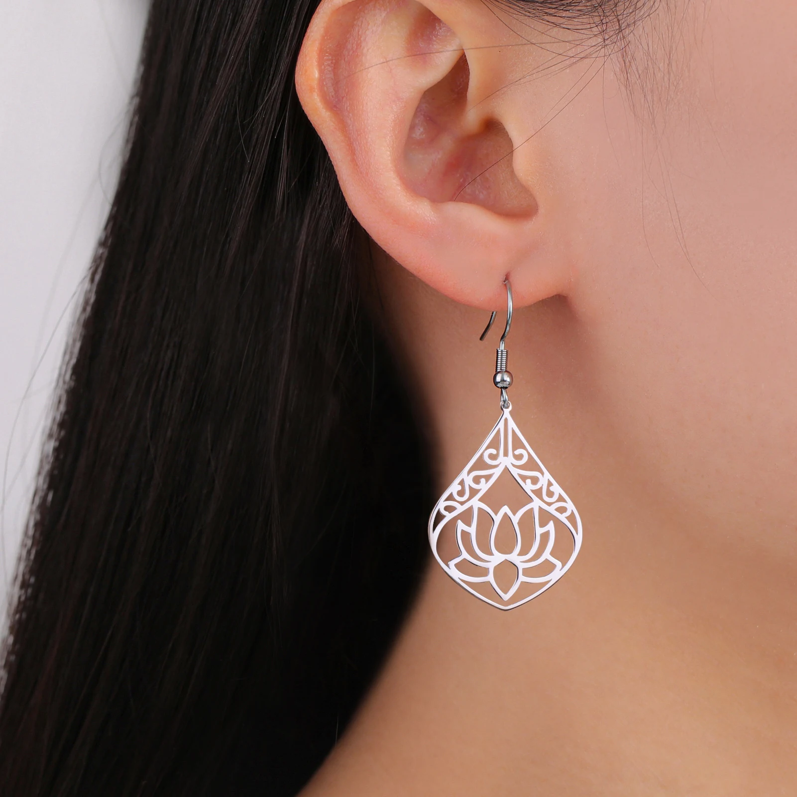 LIKGREAT Stainless Steel Lotus Flower Earrings Drop Dangle Earring Jewelry for Women Girl Ethnic Buddhist Symbol Gifts 2024