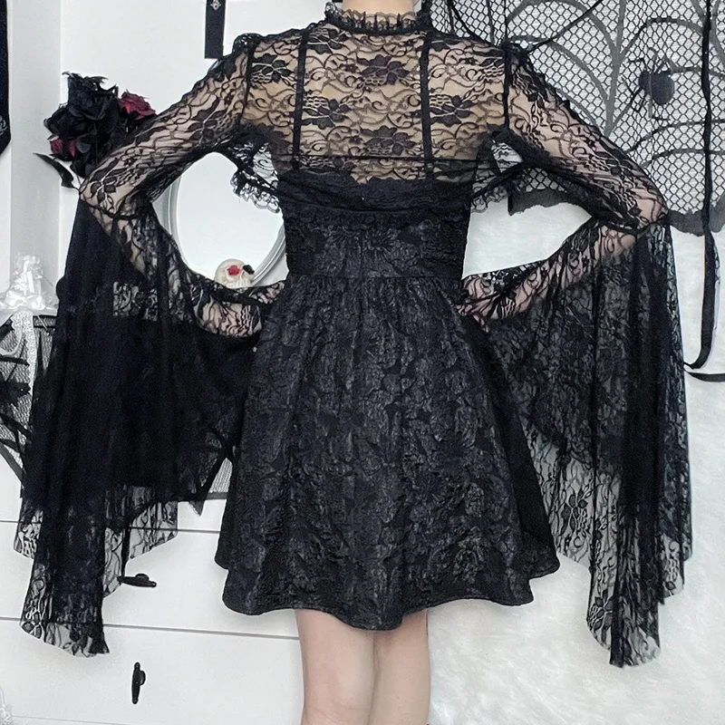 Vintage Gothic Black Lace T-shirt Women Streetwear Flare Sleeve See Through Sexy Smock Top Elegant Aesthetic Cropped TopsXY22128