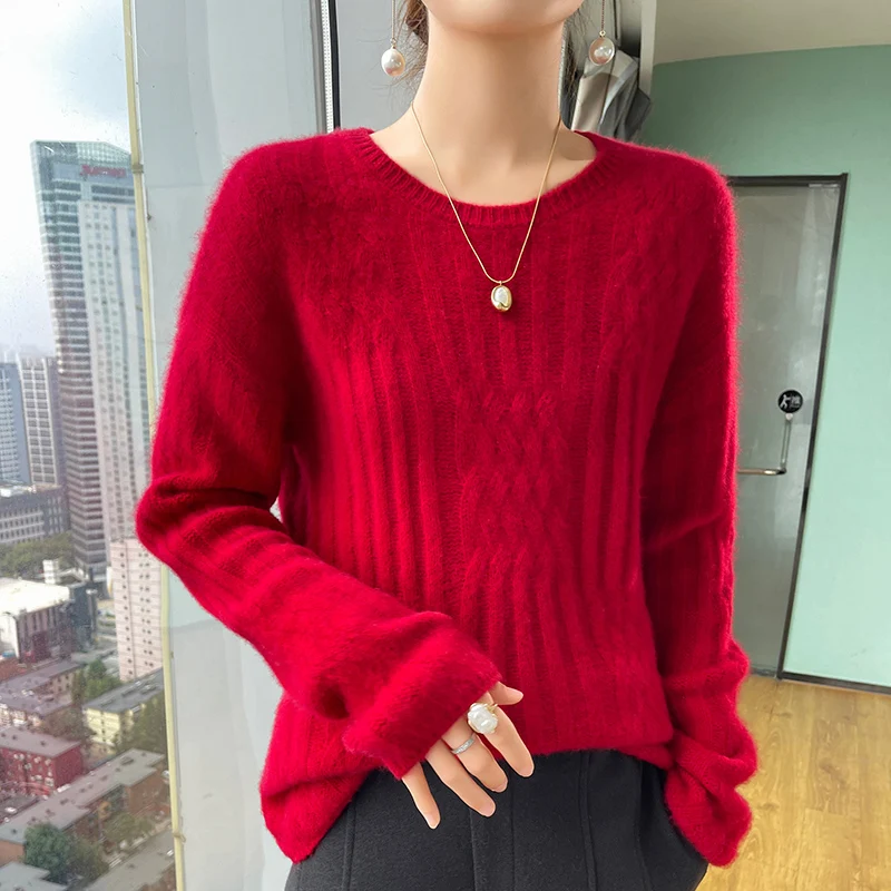 

Women's Round Neck 100% Merino Wool Pullovers Autumn New Jacquard Sweater Loose Large Size Twisted Blouse Warm Bottoming Shirt