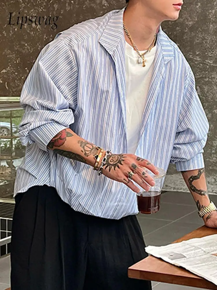 

Vintage Men's Striped Shirt Pullovers Spring Autumn Stylish Long Sleeve V Neck Lapel Shirts Mens Fashion Shirt Fake Two Pieces