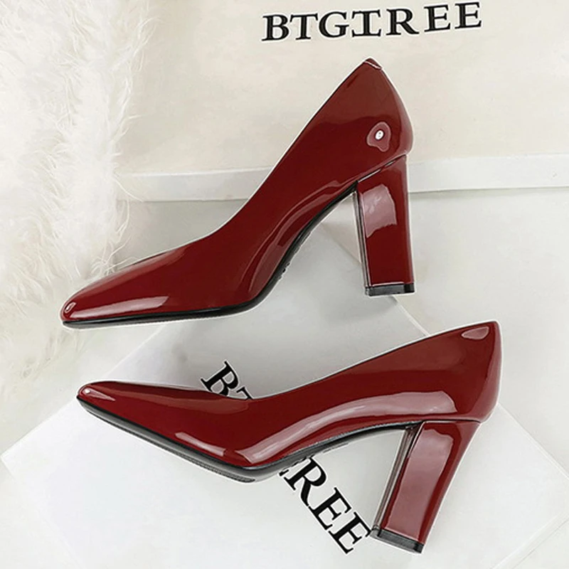 

BIGTREE Fashion Patent Leather Pumps Woman Round Toe Square Heels Wedding Party Spring Ladies Shoes Zapatos De Mujer
