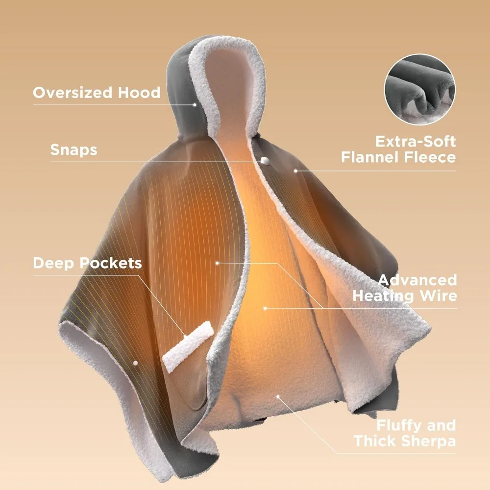 Moletom com capuz xale aquecido elétrico para adultos, 6 configurações de calor e 4 tempos, cinza, 55 x 64 polegadas