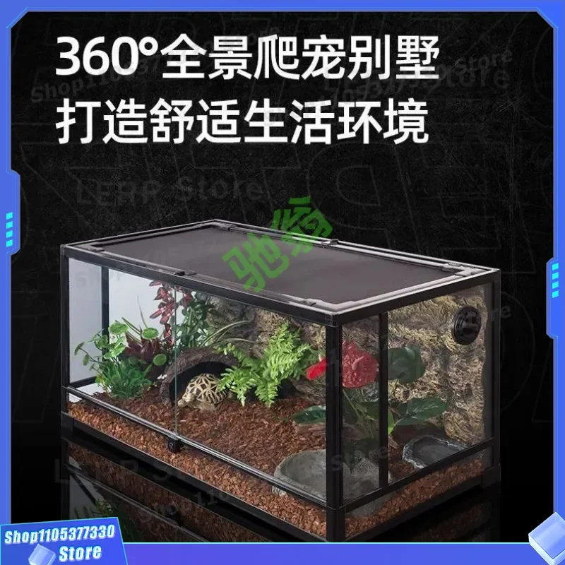Large Glass Terrarium for Lizard Horned Frog Hamster Climbing Tank with Feeding Box Golden Bear Design Pet Guardian Habitat