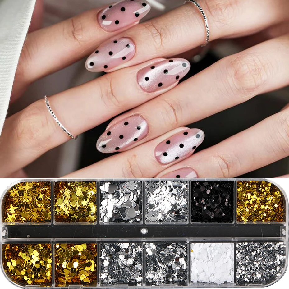 12 شبكة من الترتر اللامع لتزيين الأظافر بأشكال قلوب ونجوم ذهبية وفضية وسوداء وبيضاء ونقاط صغيرة لتزيين الأظافر بنفسك