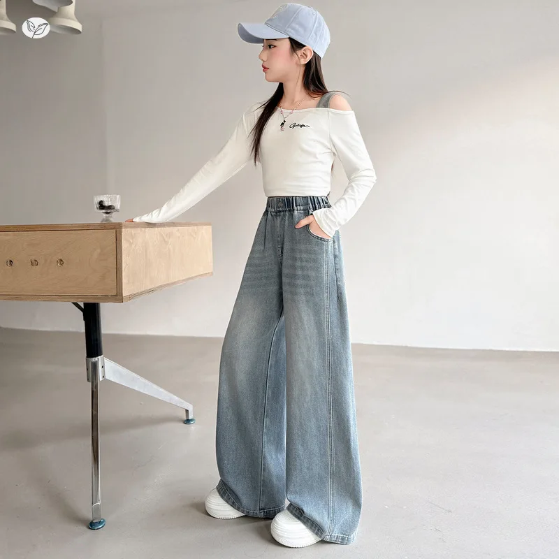 Girls Summer Jeans Kids Stylish Embroidered Heart Straight Leg Pants Middle Big Kids Girl Thin Narrow Wide Leg Pants