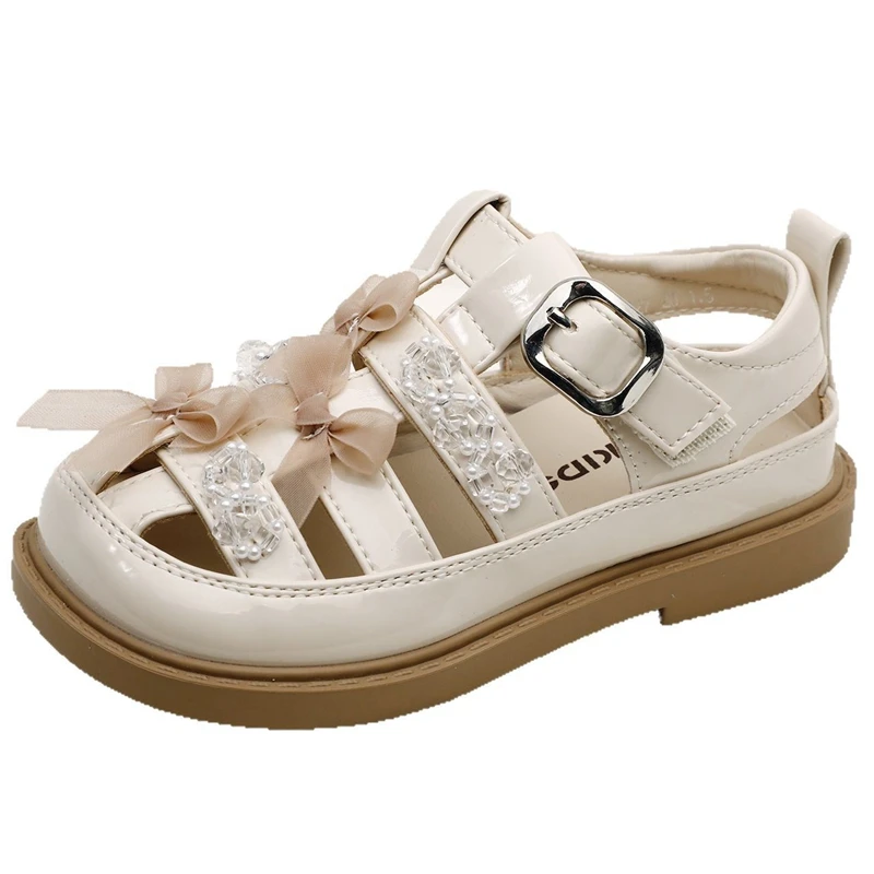 Fashion Gladiator Sandals 2025 Solid Color Toddler Kids Hollow Rhinestones Strapped Shoes Big Girls Closed Toe Lace Bow Footwear