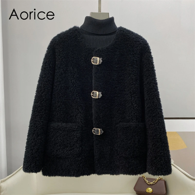 

Aorice Women Real Wool Fur Coat parka New Winter Warm Female Sheep Shearing Jackets Plus Size Overcoats CT1105