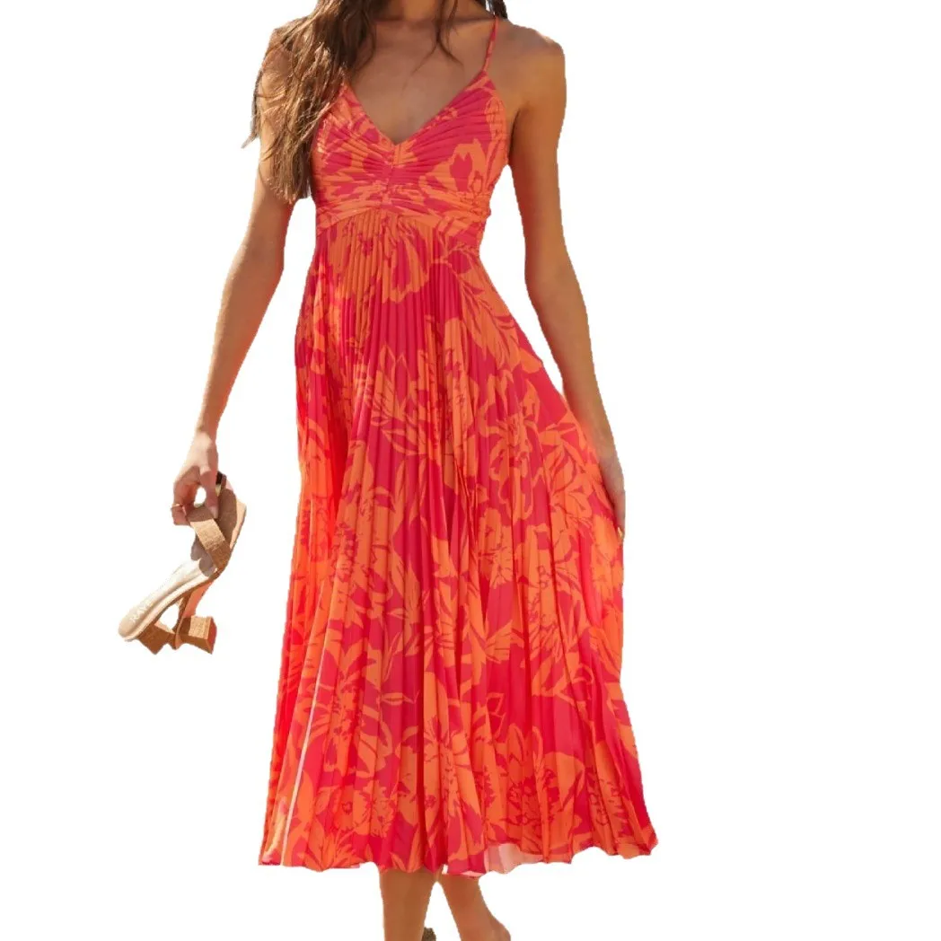 ชุดเดรสชายหาดพิมพ์ลายไขว้คอวี สายเดี่ยว เซ็กซี่ ความยาวปานกลาง เอวสูง จีบระบาย แฟชั่นเสื้อผ้าผู้หญิง