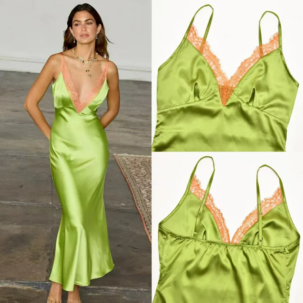 فستان بحزام طويل من الدانتيل الساتان امرأة مثير عميق الخامس الرقبة بلا أكمام فستان بدون ظهر المرأة الصلبة فساتين أنيقة الصيف الإناث الملابس