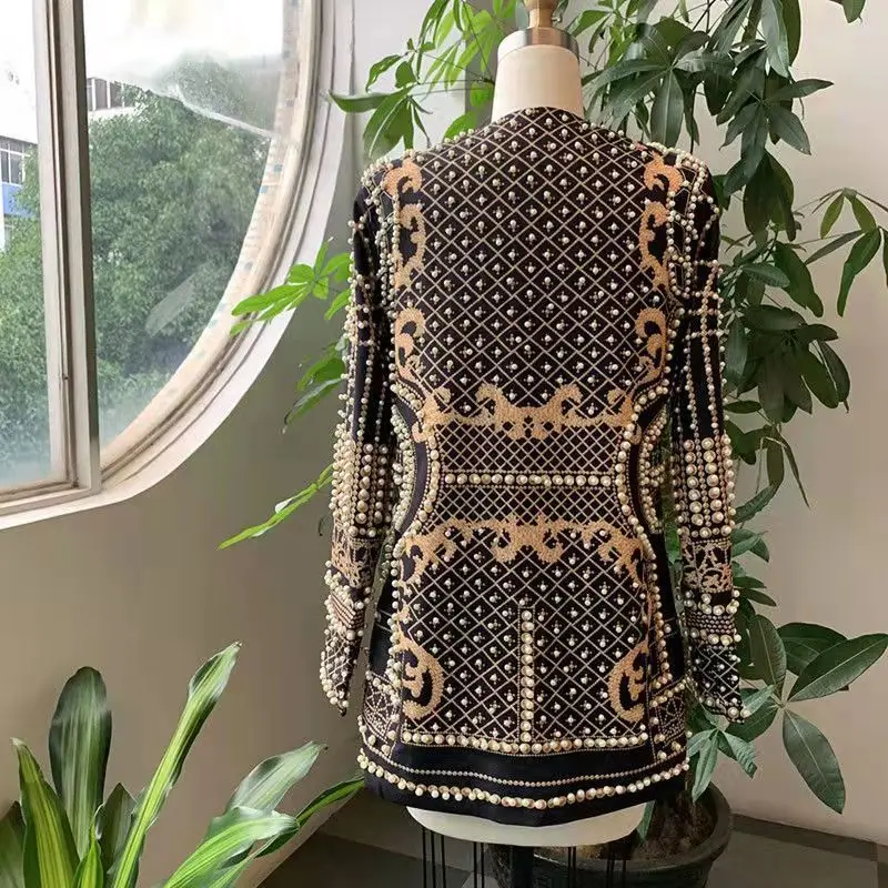 Versatile Beaded Women's Clothing Spring Autumn Heavy Craftsmanship Jacket Stylish Elegant Mid-length Blazer Coat Streetwear