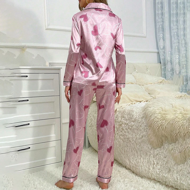 Satin Heart Print Pajama Set Autumn Long Sleeve Lapel Top with Pocket Elastic Waistband Pants for Women Sleepwear Home Clothing