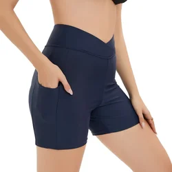 Bañadores ajustados elásticos para mujer, pantalones cortos de baño de cintura alta, calzoncillos de colores sólidos con bolsillo, pantalones cortos informales sexys, moda de verano