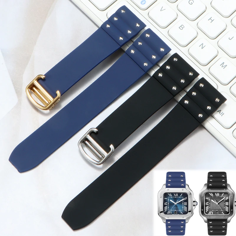 New silicone watch strap with studs for Cartier Santos Santos series folding buckle men's 21mm wristband bracelet watchband
