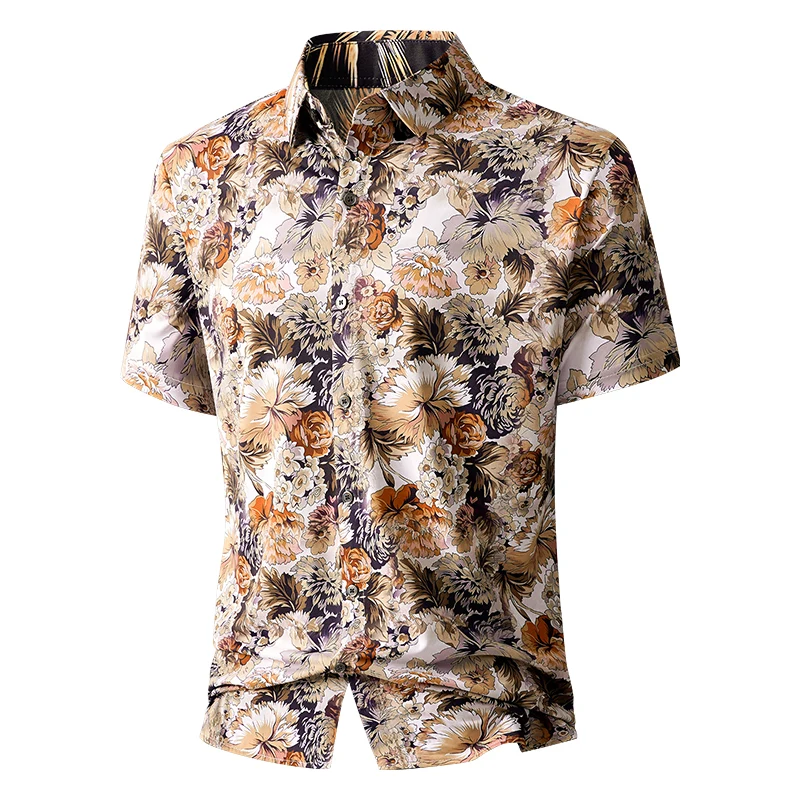 

Men's Slim Fit Short Sleeve Loose Fashionable Loose Fit Shirt for Men Summer Thin Ice Silk Floral Print Casual Trend Shirt