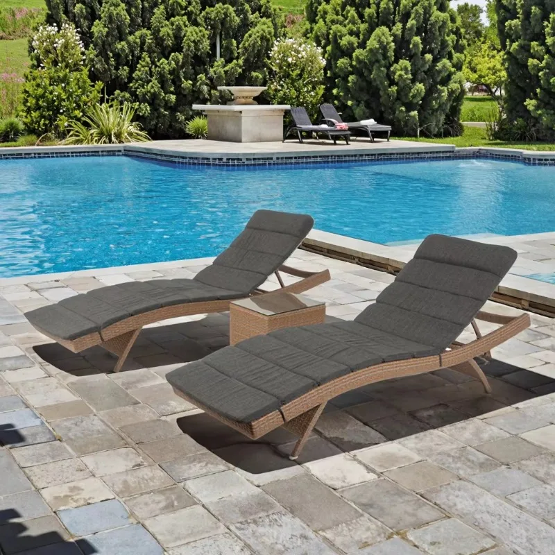 Leisure Modern Aluminium Rattan Adjustable Back Outdoor Pool Beach Sunbed with Coffee Table for Courtyard Garden Furniture
