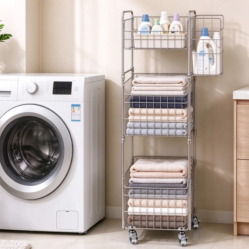 Stainless Steel Dirty Laundry Basket Movable Removable Laundry Basket Multi-layer Large Capacity Storage Baskets Home Furniture