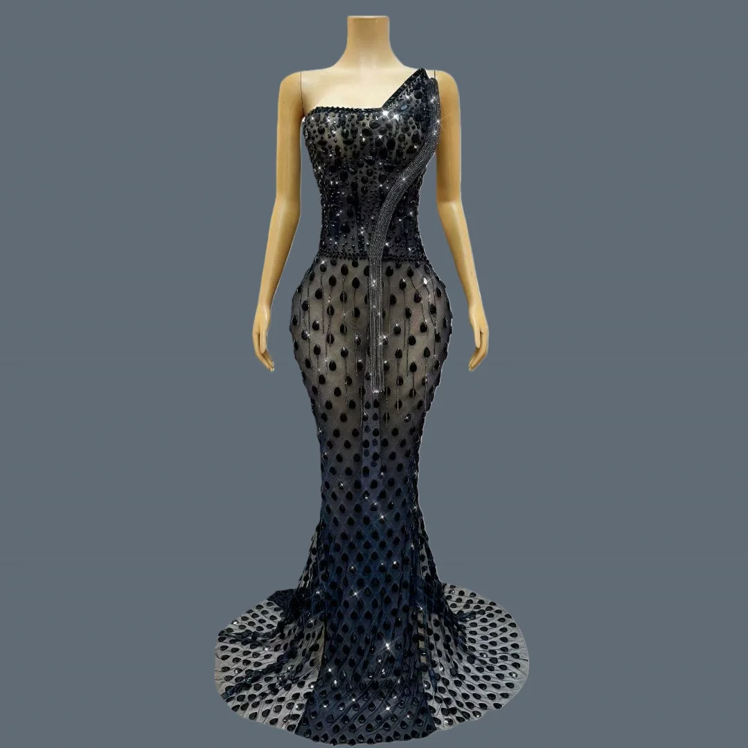 

High-end Luxury Black See Through Mesh Sexy Gown Birthday Party Floor-length Dress Gala Prom Red Carpet Photo Shoot Wear Heishe