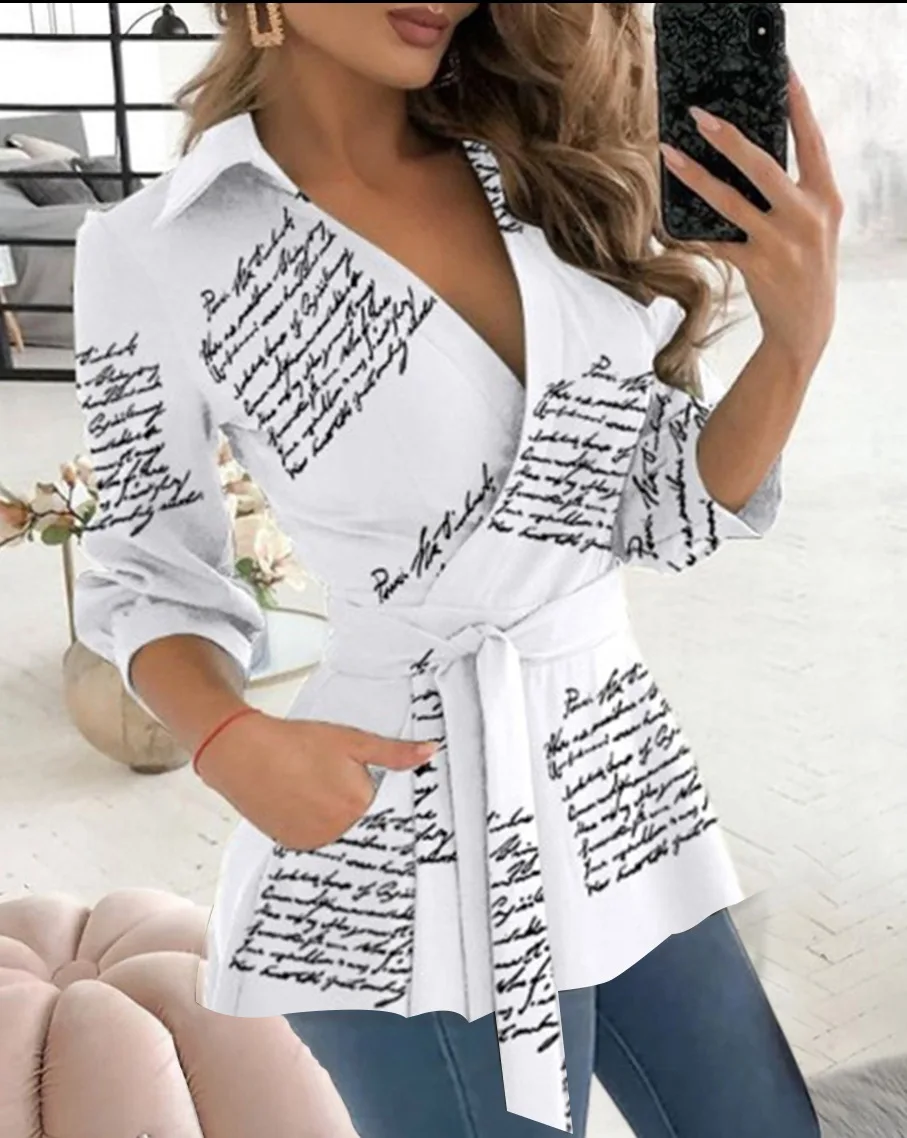 Spring Autumn Printed Work Shirt Tops Women Casual V Neck Long Sleeve Party Club Business Blouse Top with Belt