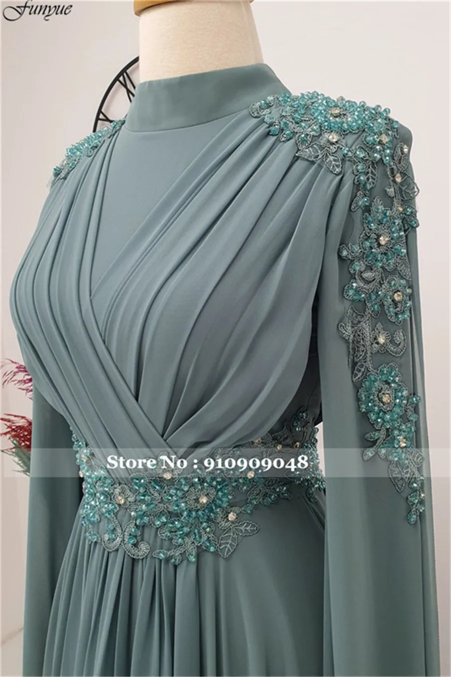 Funyue A-Line Chiffon Appliques Beads Prom Dresses Long Muslim Evening Gowns Dubai Arabic Formal Wedding Guest Dresses for Women