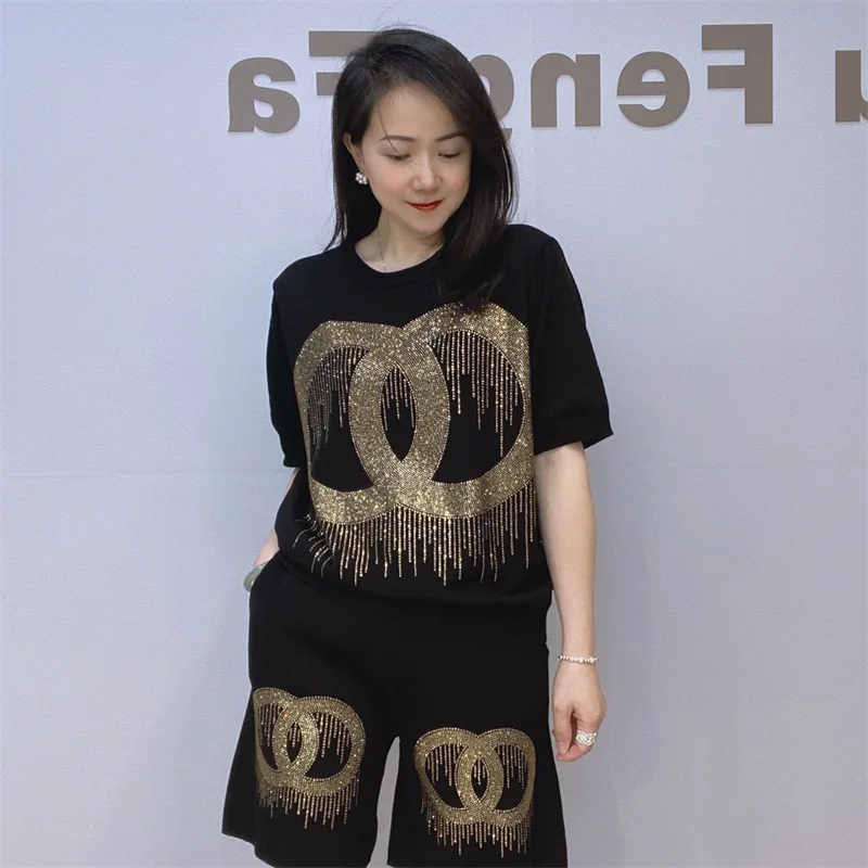 Casual Sequins Knitted Short Pant Sets Women 2 Piece Summer O Neck Short Sleelve Black Top Matching Sets Sportwear Femme