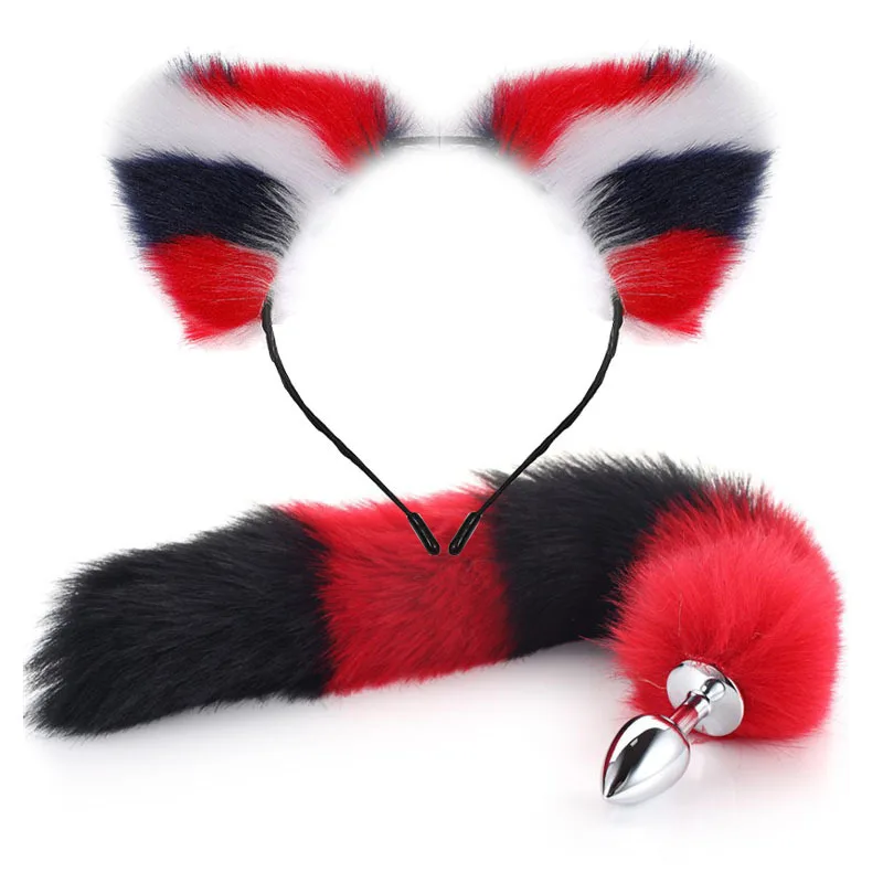 SM Exotic Cat Ear Sex Toy Fox Tail Clip Ears and Neck Collar Chocker with Heart Metal Ring for Men Women Cosplay Halloween Party