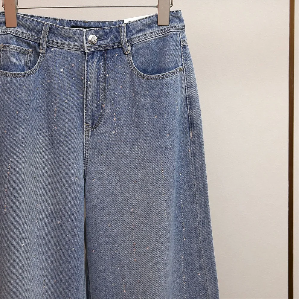 2025 Ropa de mujer Jeans, algodón puro, diamantes de imitación, corte holgado, cintura alta, pantalones de pierna ancha, nuevo sujetador de pantalones de alta calidad Y2K