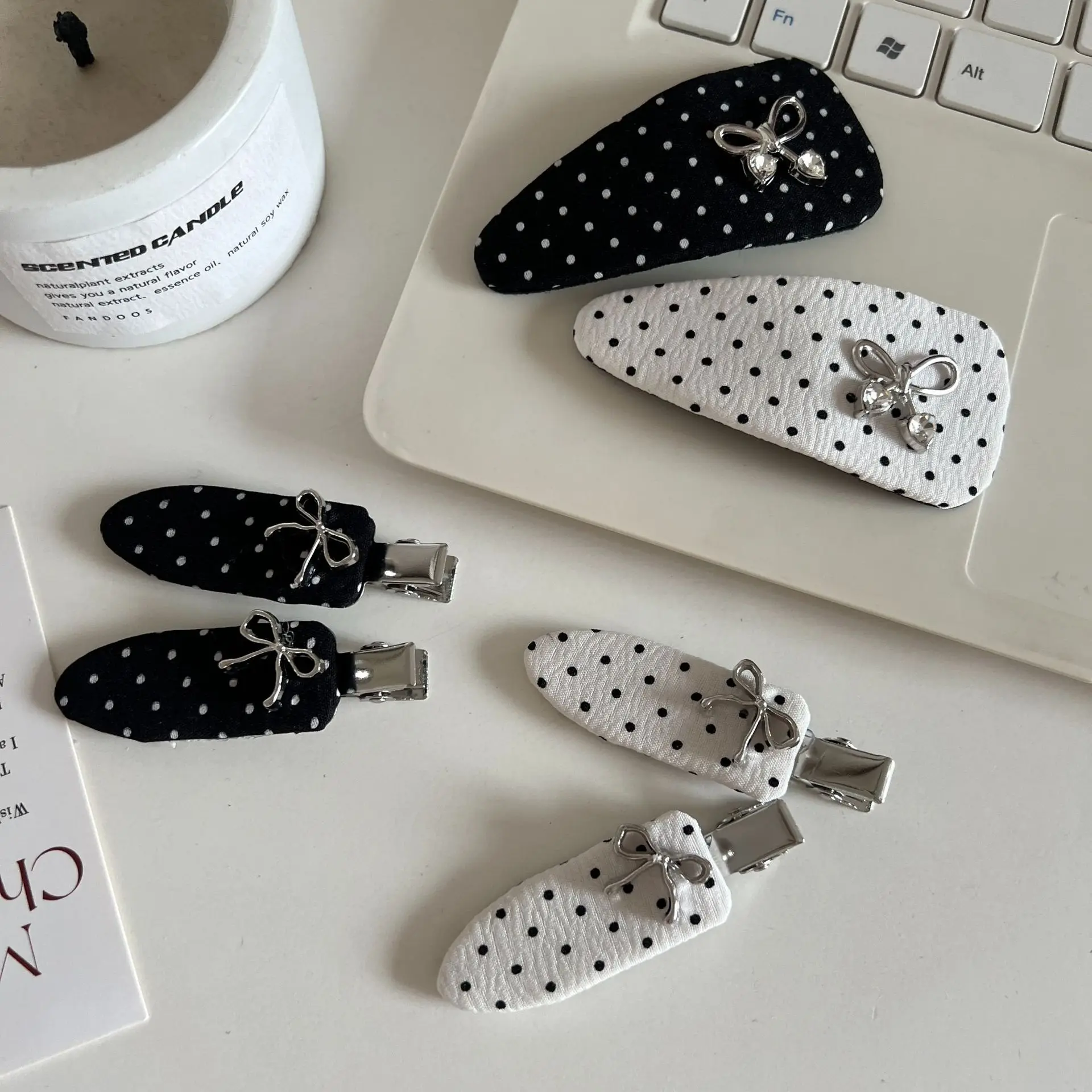 korean-bow-simple-versatile-design-hairpin-bb-clip-2pcs-black-white-polka-dot-bow-hairpin-high-end-temperament