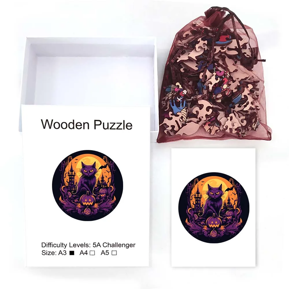 Rompecabezas de madera personalizado con forma de gato para niños y adultos, juguete educativo con tema de calabaza 3D, regalo para niños y adultos
