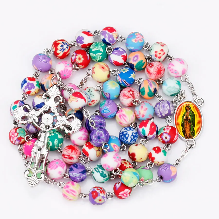 Neue Religionskreuz-Anhänger-Rosenkranz-Halsketten für Frauen, bunte, weiche Keramikperlen, lange Kette, Schmuck mit der Jungfrau Maria – Detail 6