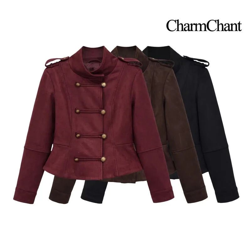 CHARMCHANT Women's Suede Jacket Elegant Stand Collar Tie Belt Concealed Zipper Tailored Short Coat Outerwear Fall Winter 2026