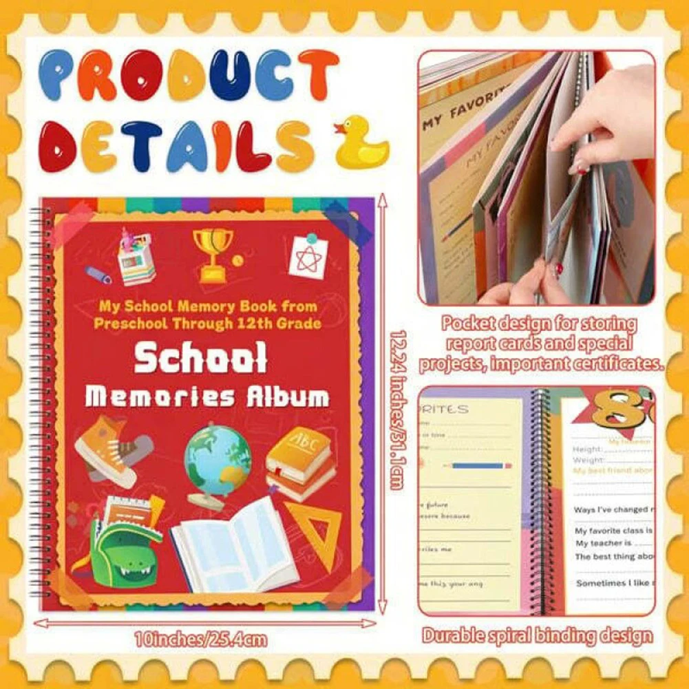 School Memory Book Gift for Kids Spirals Bound Keepsake Album for Preschool through 12th Grade Photo Organization Notebook