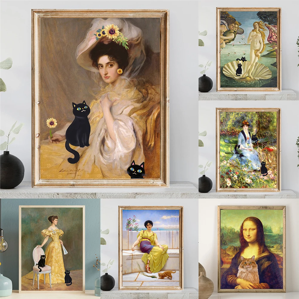 Renoir Black Cats Art Print Dans Les Roses Vintage Canvas Painting Birth of Venus with Black Cats Art Print Botticelli Cat Art