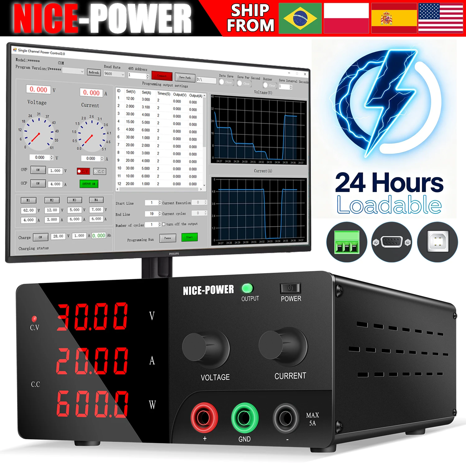 Nice-Power Hochleistungs-Labornetzteil, 60V 100V 200V Geregeltes Netzteil, Multifunktionale Software(Sie können mehrere Sätze aus Spannung und Strom einstellen, die zeitgesteuert zyklisch ausgegeben