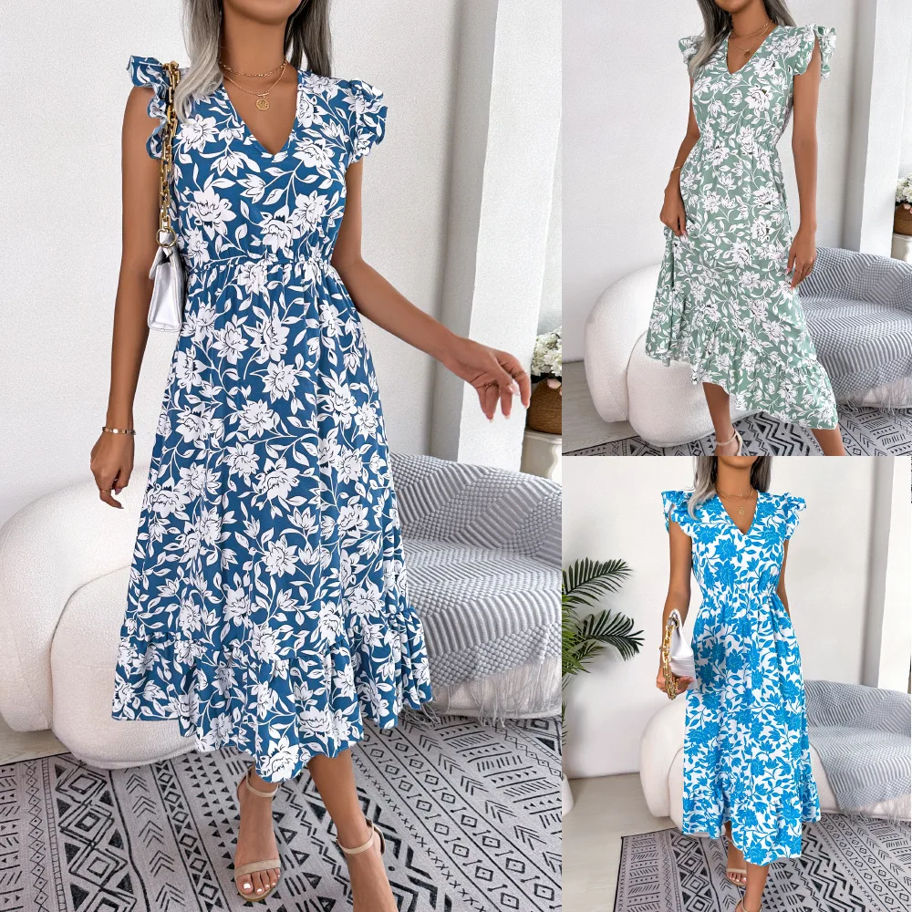 Elegant Women's Spring And Summer Casual Mushroom Edge Flower Vacation Vestidos Fashionable Printed Sleeveless V-neck Dresses