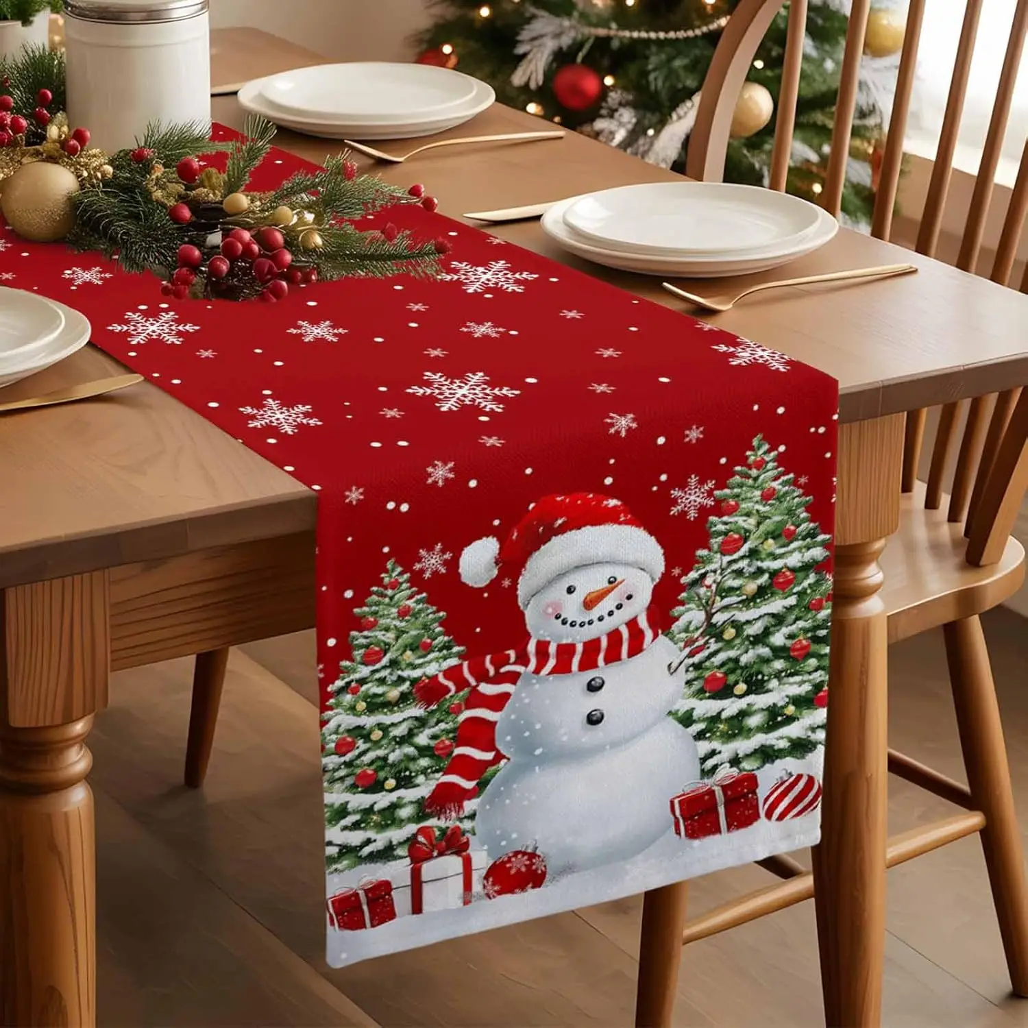 Christmas Snowman Xmas Tree Table Runner Party Decor Reusable Winter Xmas Kitchen Dining Table Runner Christmas Decorations