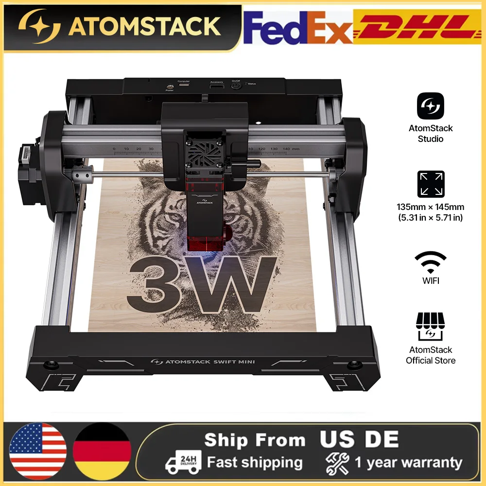 

Портативный лазерный гравер AtomStack Swift Mini 135 x 145 мм с диодным лазером и генератором AI-изображений для дерева, кожи, акрила