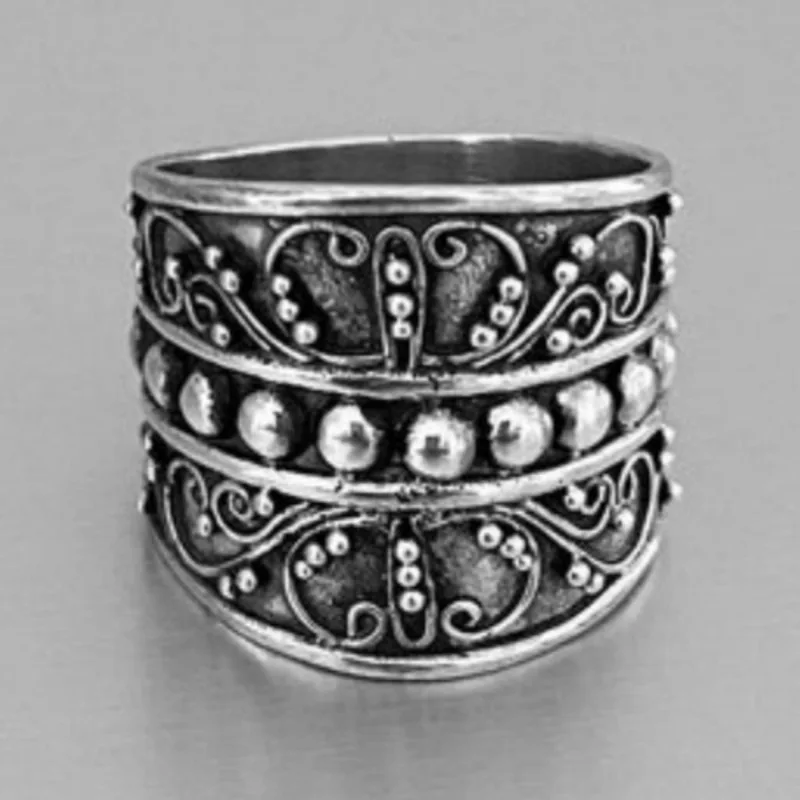Vintage Silberfarbener Ring mit handgeschnitztem Muster für Damen, geometrischer Alltags- und Partyschmuck