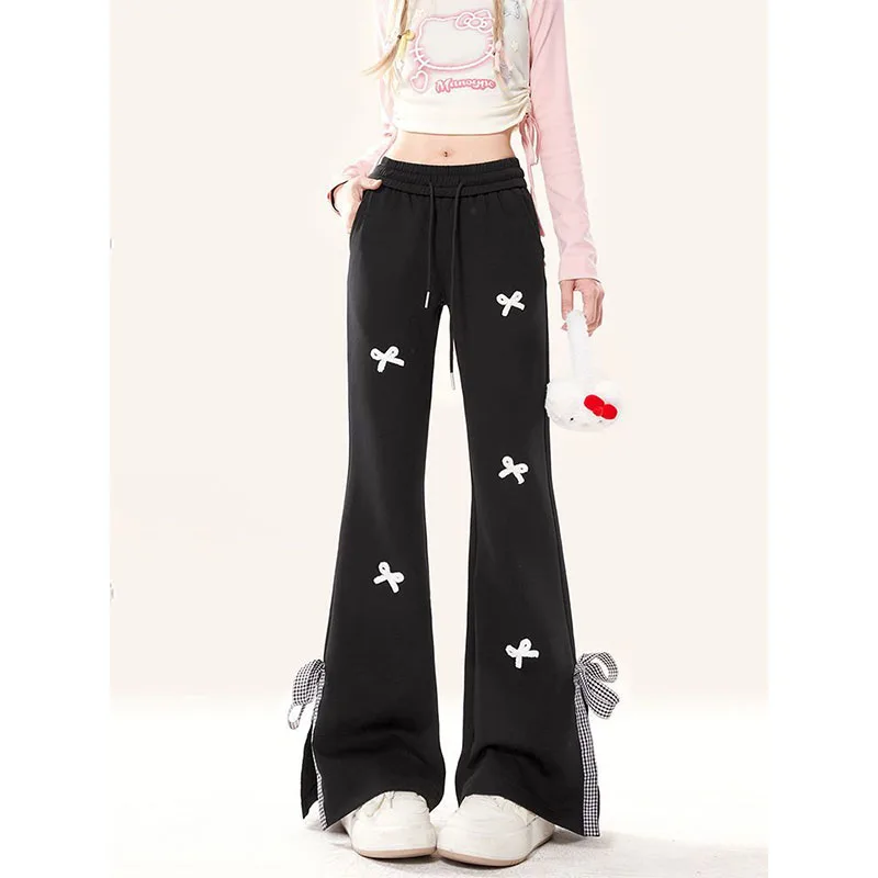 Sweet and Cool Hot Girl Casual Bow Trousers with High Waist Slit Design Feel Lazy Style Bell-bottom Pants Straight Pants