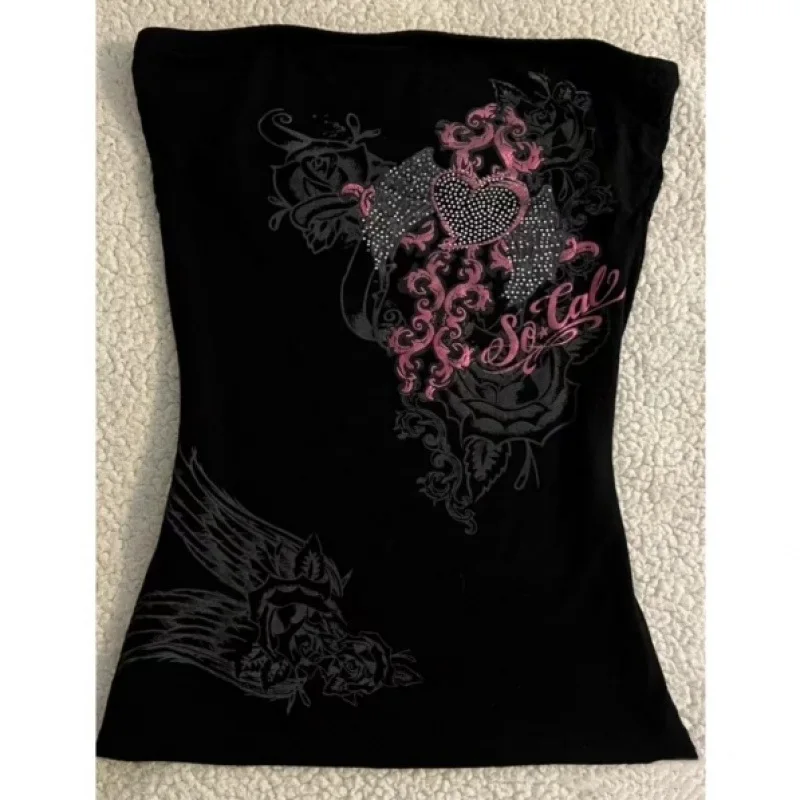 

Vintage Design Hot Rhinestone Heart Wings Printing Special-Interest Design Yabi style Waist Slimming Hot Girl Top for Women