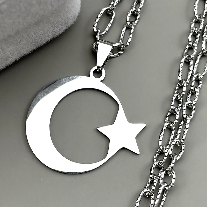 

Muslim Islam Crescent Moon Star Pendant Necklaces for Women Men Stainless Steel Gold Color Arabic Chain Necklace Jewelry Gift