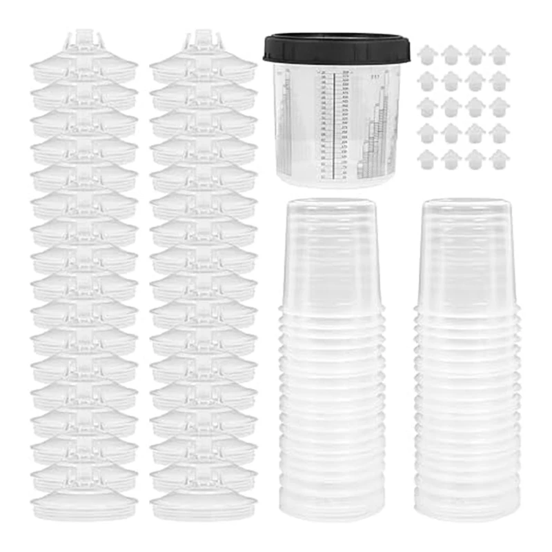 

Disposable Spray Guncups 20 Oz (600 Ml) Set 50 Liners 50 Lids 1 Hard Cup 20 Stoppers With Retaining Ring For Cars Easy To Use