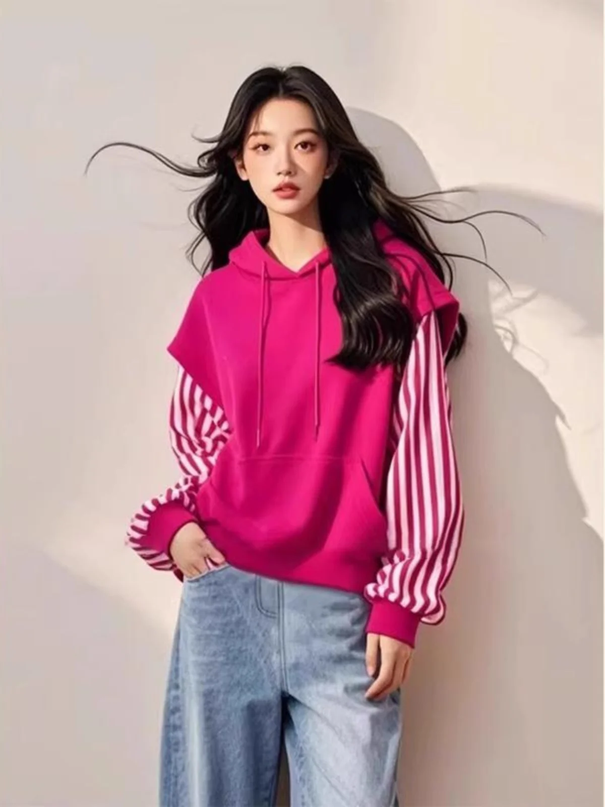 Dragon Fruit Color Hoodie Women's Long Sve Striped Top Faionable Spring Autumn Hooded Sweatirt Korean Sle Casual Wear
