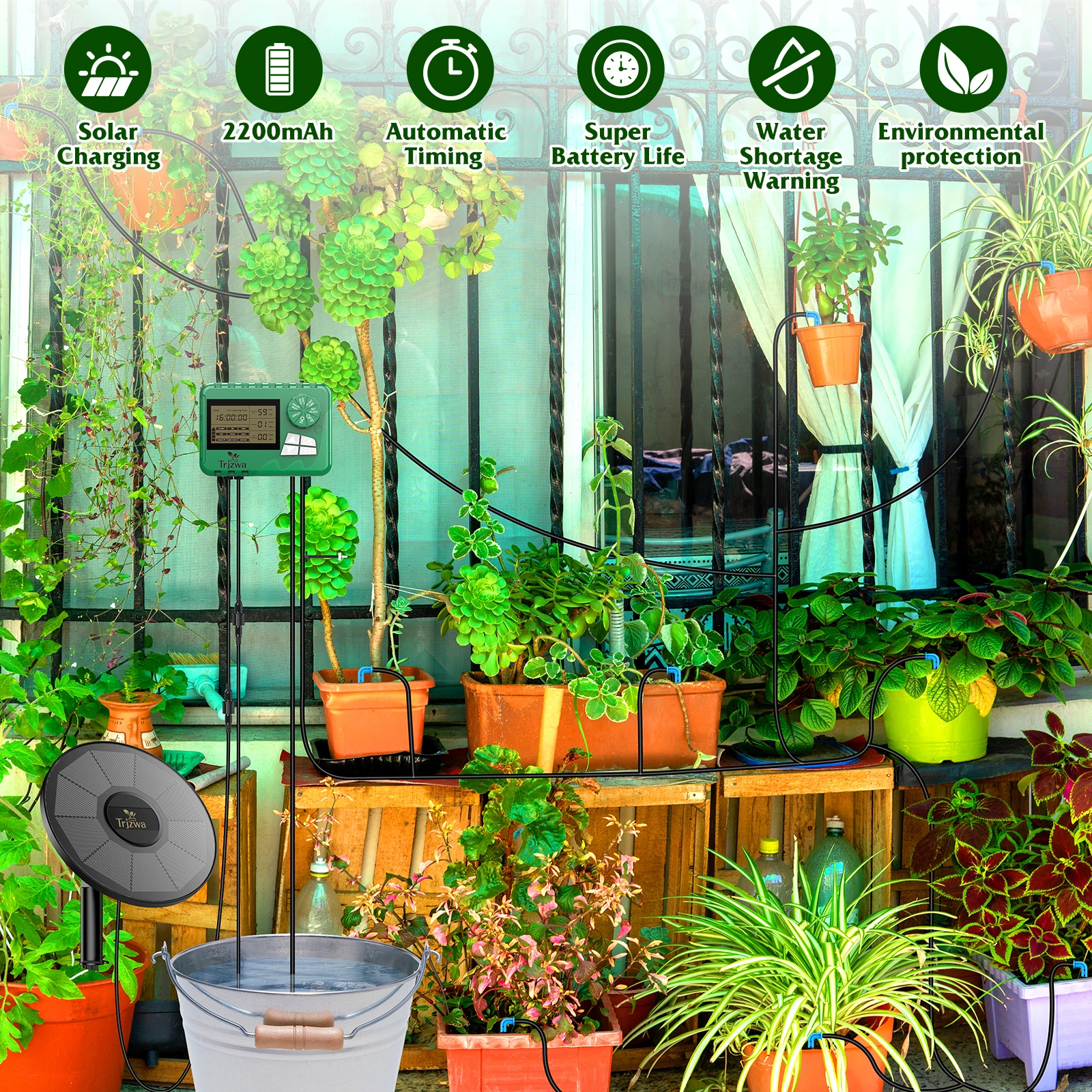 3W Solar Irrigation System Built in 2200mAh Battery, Automatic Watering System with 15M Hose 15 Drip Tips, DIY Garden Lawn Etc