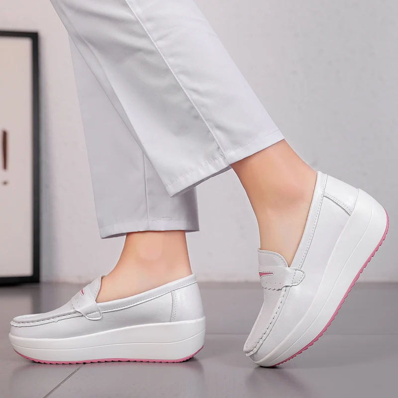 Women Platform Wedges Casual Shoes Loafers Soft Nurse Work Shoes Breathable Comfortable Non-slip White Leather Nursing Shoes