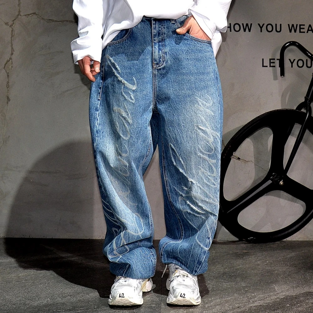 High End Men\'S Clothing Korean Fashion Baggy Jeans For Men Distressed Letter Ripped Jeans Streetwear Skateboard Denim Pants Male