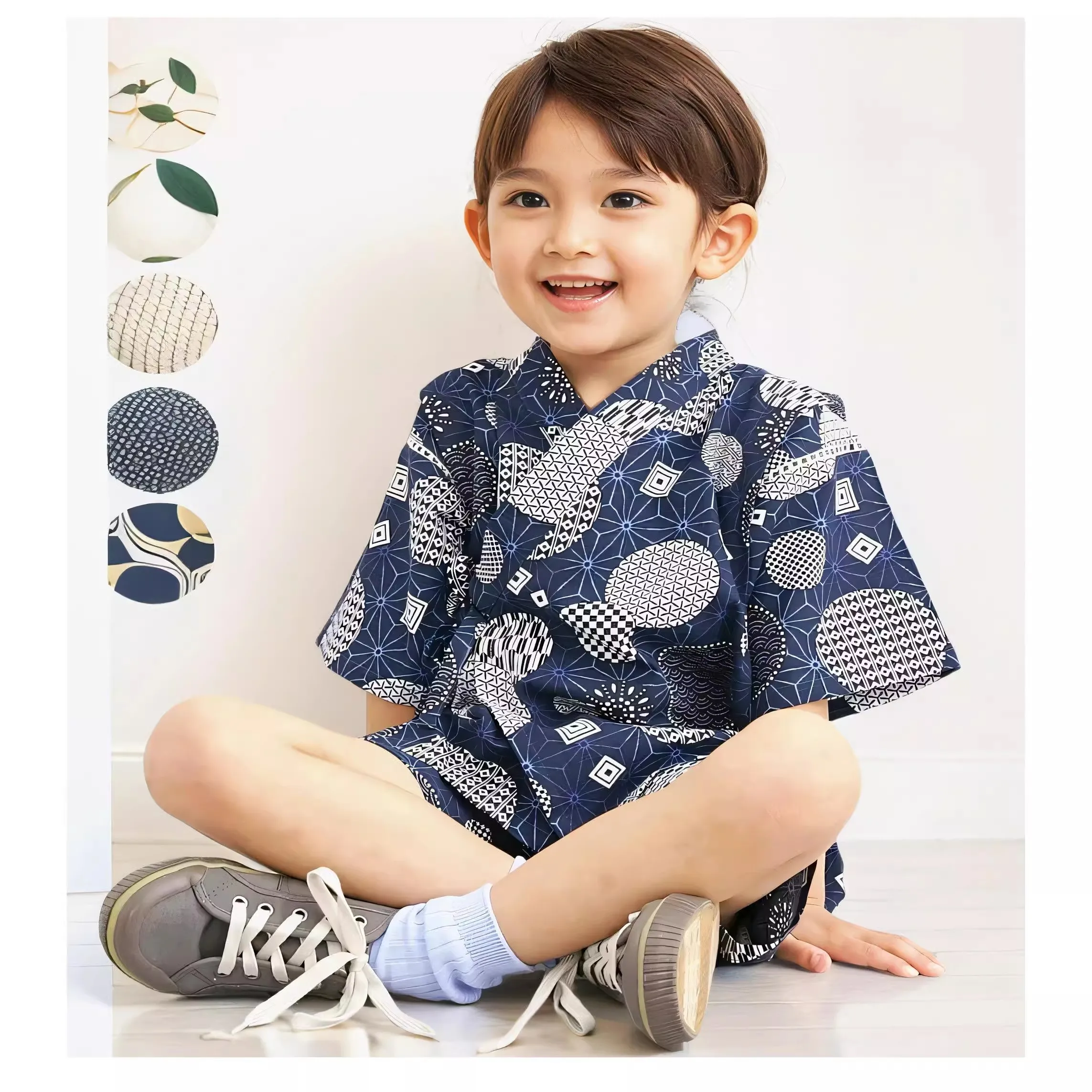 Boys' Japanese Jinbei Set - 100% Cotton Yukata-style Pajamas with Tortoise Shell Pattern, Homewear & Sauna Outfit for Kids